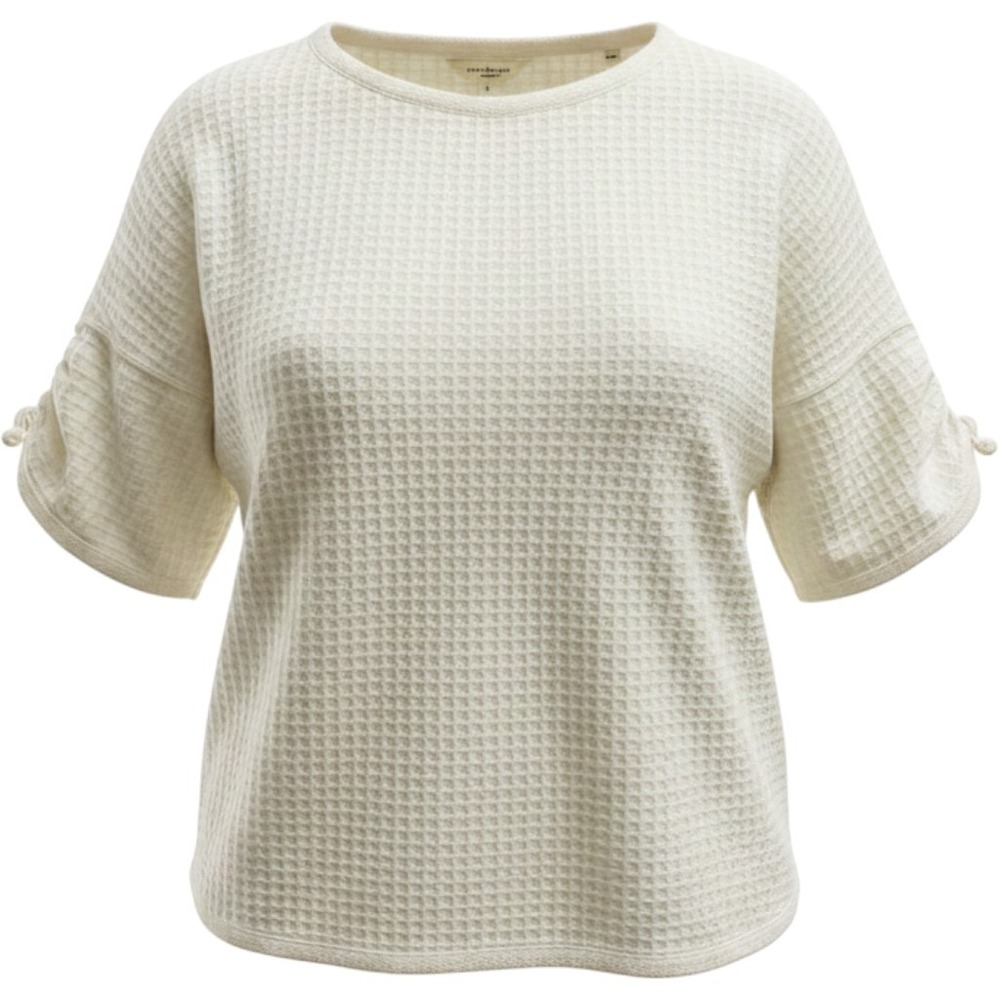 Max‎ Studio Waffle Knit Top Womens Small Cream Short Sleeve Tie Cuff Crew Neck